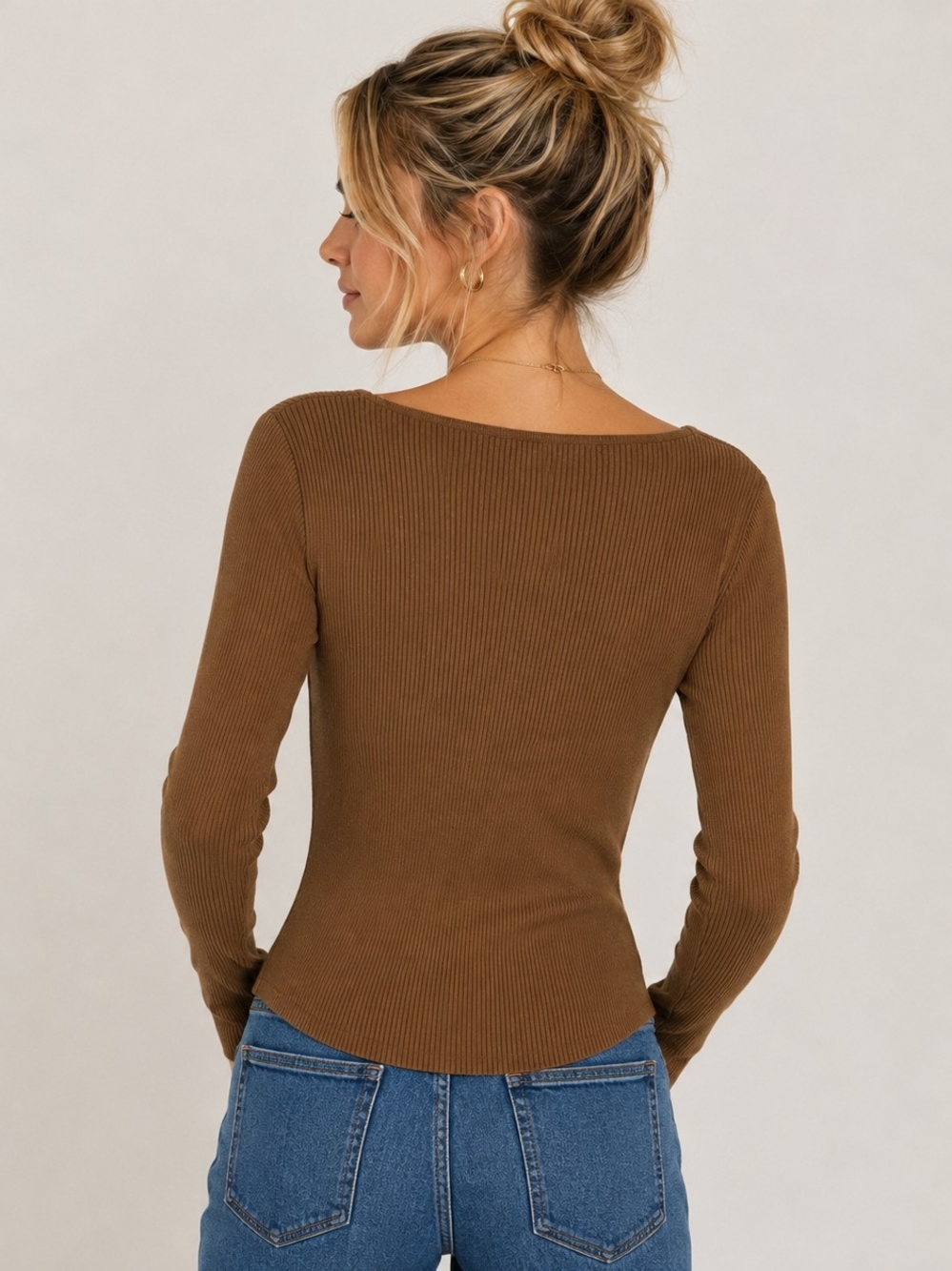 Astr Ribbed Faux Wrap Long Sleeve V Neck Sweater Top In Brown - Picture 2 of 6